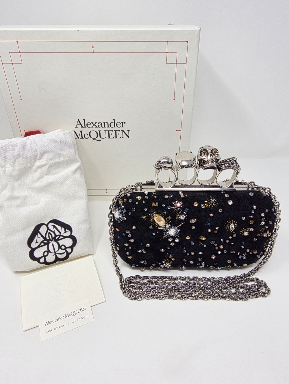 Alexander McQueen Black Suede Four Ring Knuckle Skull Box Clutch Space Chain Bag